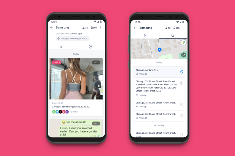 Real-time location tracking on a map and a live screen capture showing social media interactions on the target device.